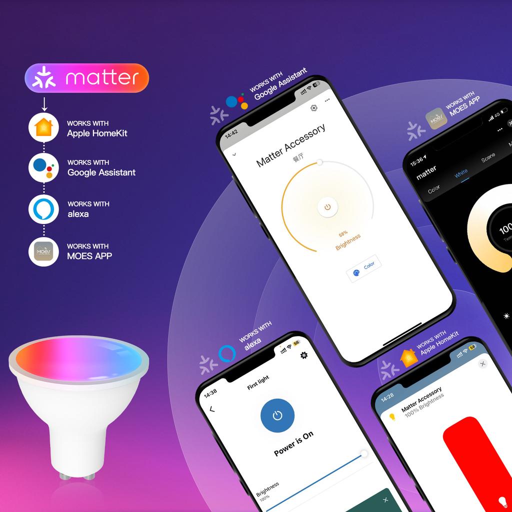 MOES Matter Smart GU10 LED Light Bulbs Color Changing WiFi Smart Bulbs, 2700K-6500K Dimmable Smart Life Remote Control
