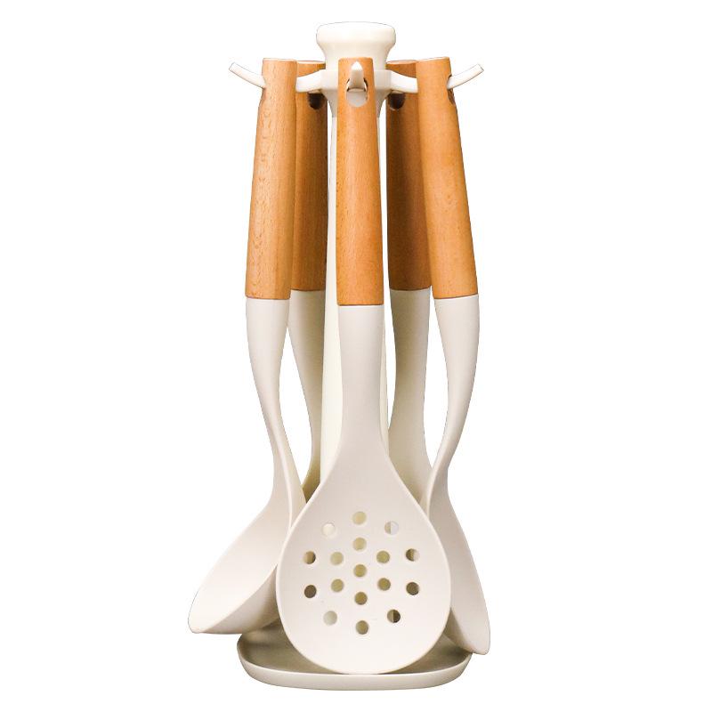 Set di utensili da cucina in silicone: Set di 6 Utensili con Manico in Legno, Resistenti alle Alte Temperature con Supporto, Include Spatola & Mestolo per Zuppa.