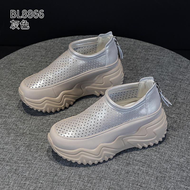 Dad Shoes Summer New Leather Thick-soled Heightening Small Breathable Hollow Hole Shoes