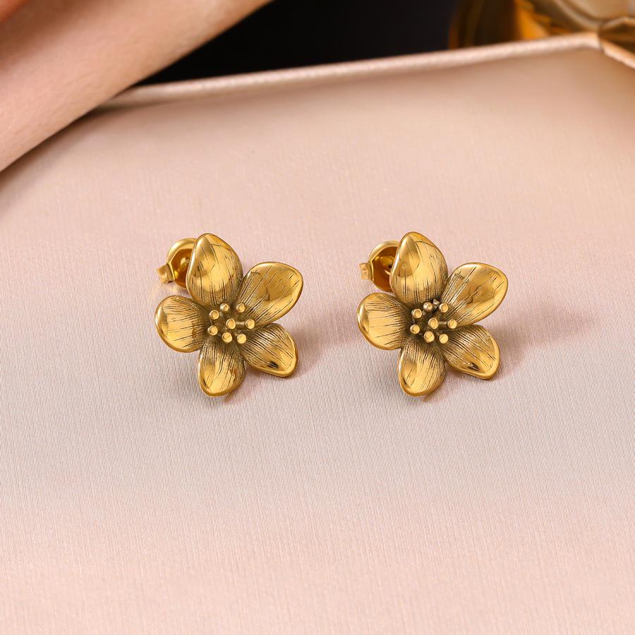 Elegant 18K Gold & Stainless Steel Five-Petal Flower Pendant Necklace & Earring Set for Women