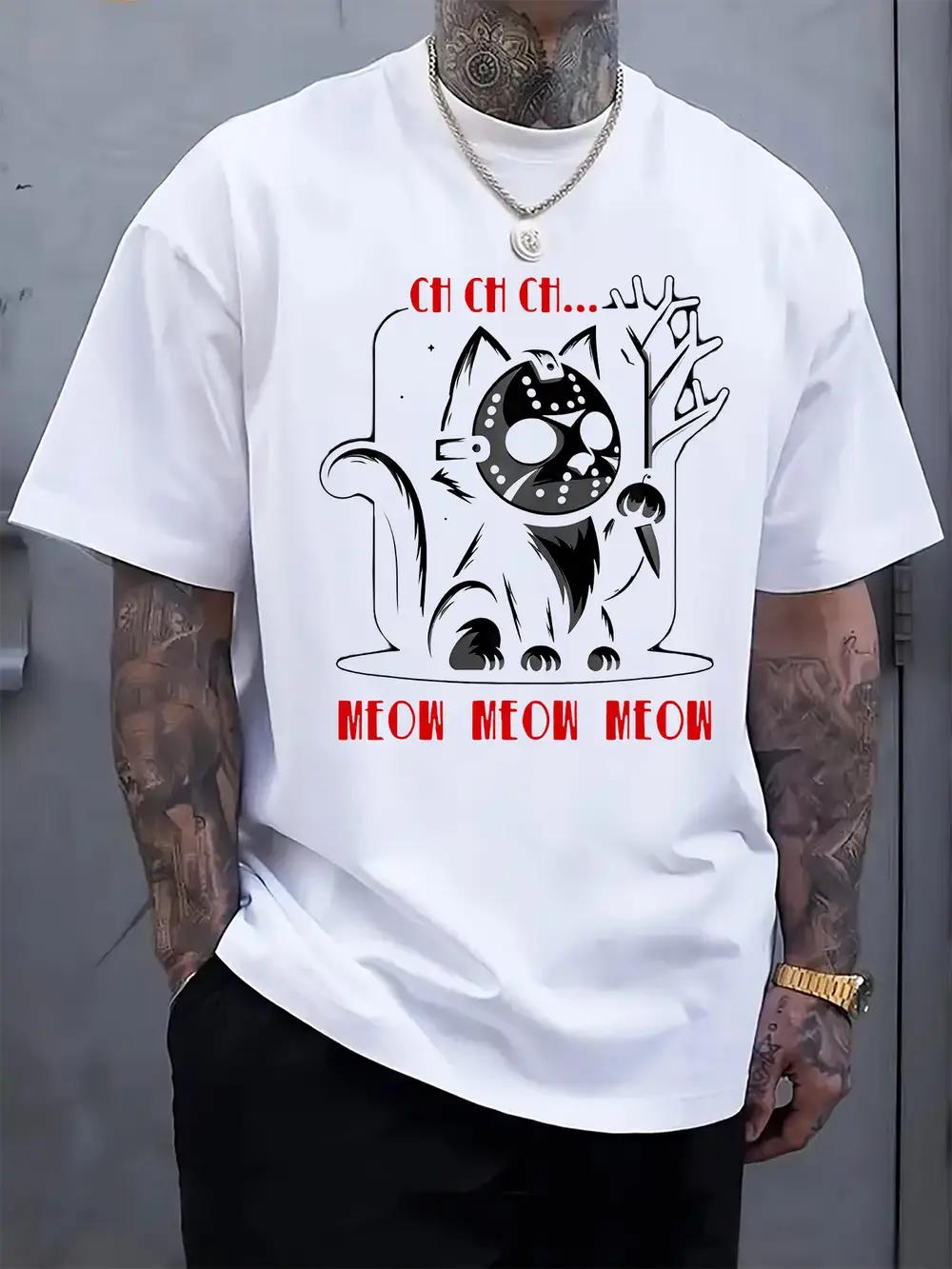 

Casual Crew Neck T-shirt with Playful Cat Mask Graphic S