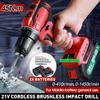 21V Brushless Electric Drill 3/8 Inches Cordless Screwdriver Rechargeable Home Power Tool with 2000mAh Battery & Drill Bit