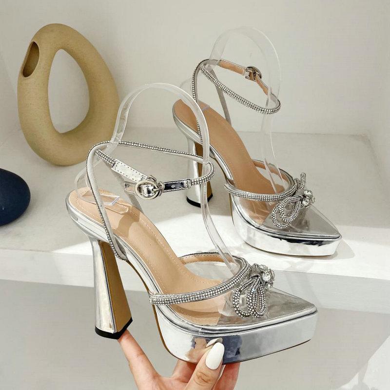 

Fashion 2025 Summer New Coarse Heel Pointed 12cm High Heels Bow Rhine-Drill Waterproof Platform 35 серебряный