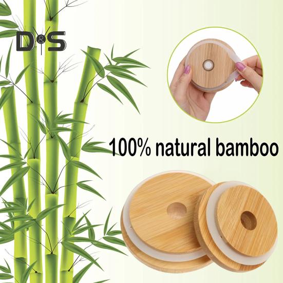 4 Stück Bambusdeckel mit Loch für Strohhalme, auslaufsicherer Deckel mit Silikondichtung, 7 cm Einmachdeckel, normale Öffnung, Ersatz-Bambusdeckel für Biergläser