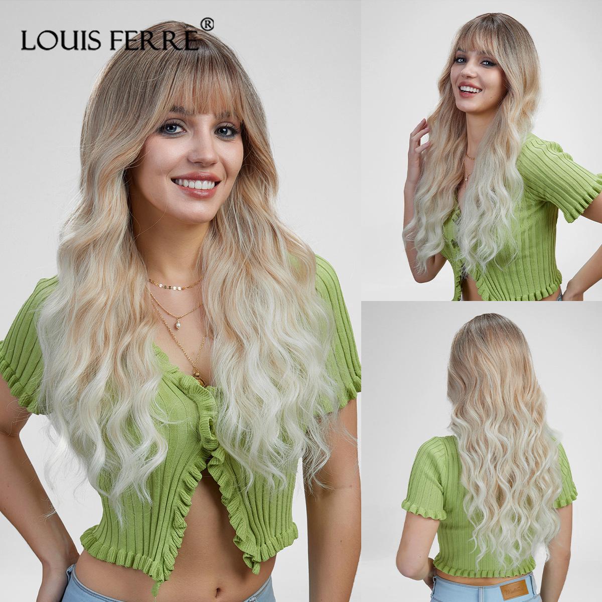 

ALAN EATON Длинные женские парики с челкой Ombre Коричневые платиновые блондинки Парики с боковой частью Синтетические волнистые парики для афроамериканских женщин