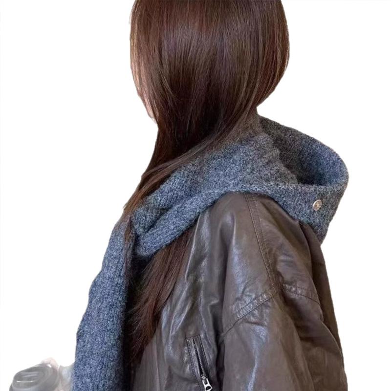 1Pc Solid Color Thicken Hat Cold Protection Integrated Keep Warm Shawl Buckled Knit