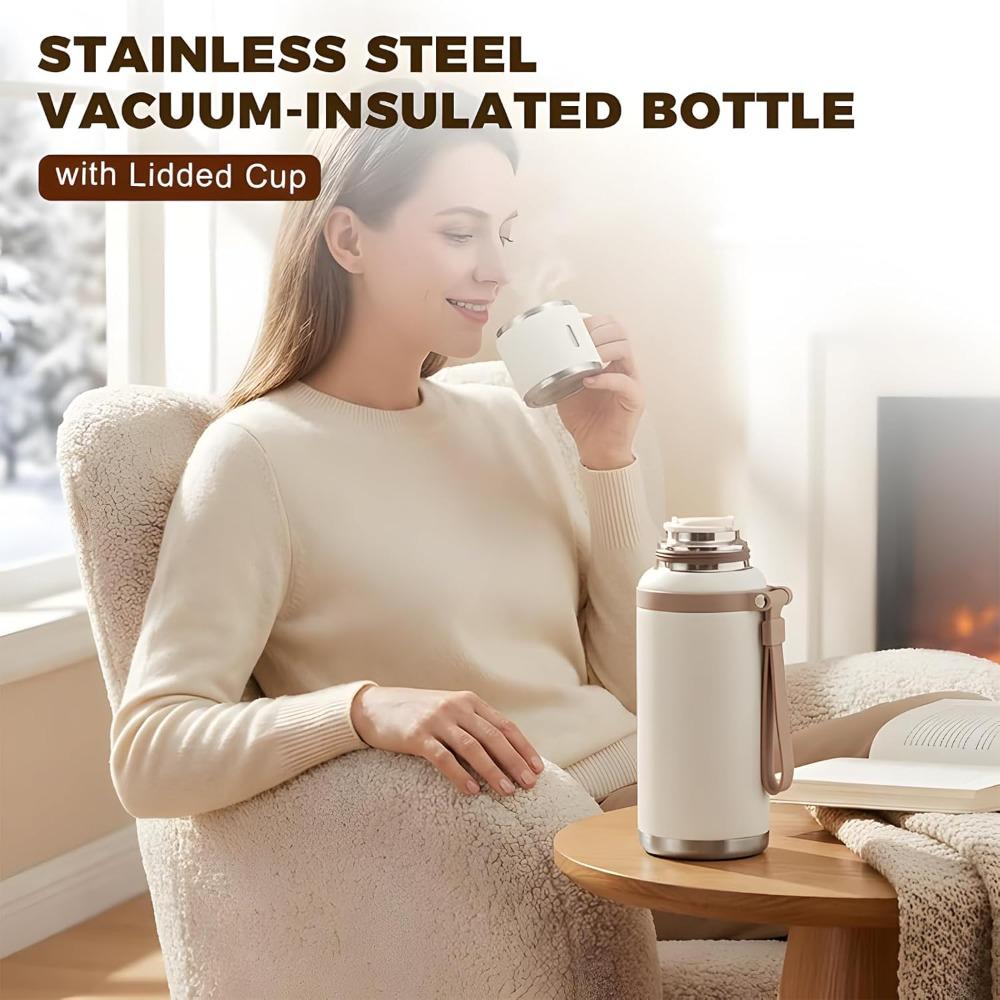 Stainless steel vacuum insulated bottle with lid, 2-in-1 stainless steel insulated cup with handle, leak-proof, large capacity.