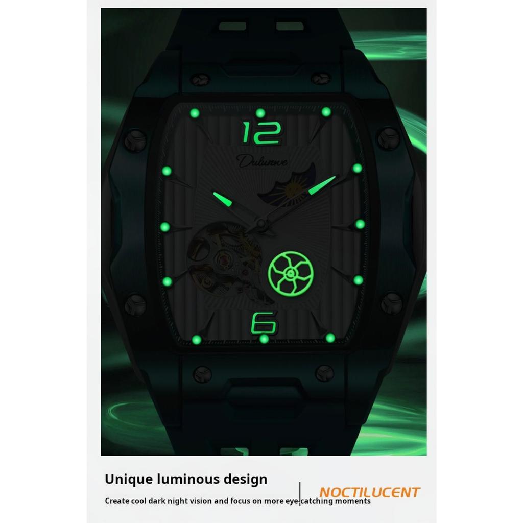 Dulunwe Tonneau Sports Men's Tourbillon Watches Starry Moon Phases Hollow Out Automatic Mechanical Watch Rubber Strap Luminous Wristwatch