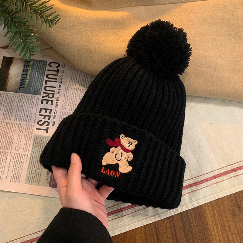 Cute Bear Coffee-colored Knitted Wool Hat for Women's New Winter Warm and Thickened Face Small Ear Protection Hat Tide