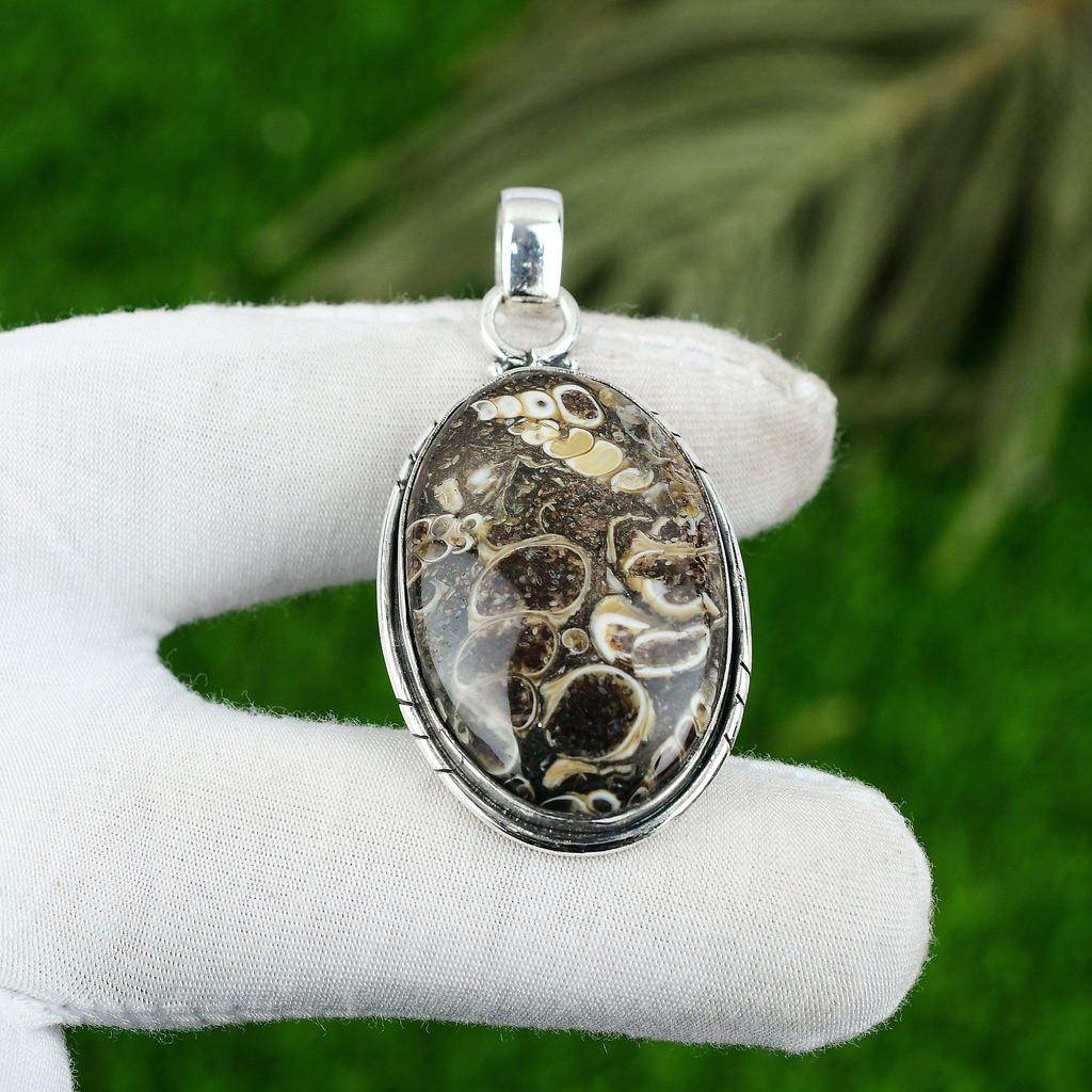 925 Sterling Silver Oval Natural Turritella Agate Wedding Sister Pendant Jewelry