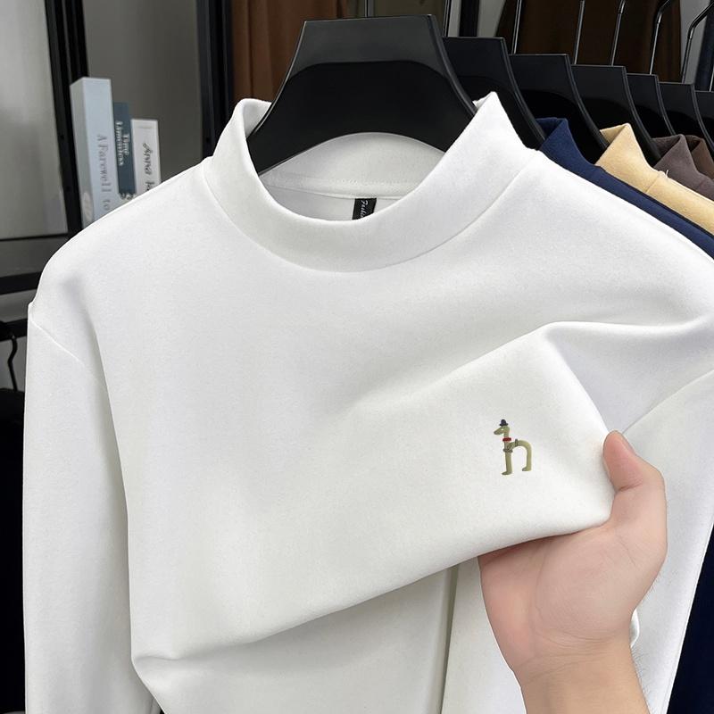 Autumn Winter Men s Half High Collar Velvet Long Sleeve T-Shirt Luxury Quality Dog Print Warm Bottom Shirt Casual Men s wear L