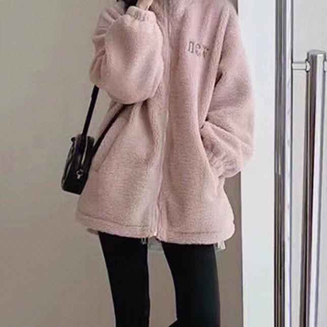 2025 Women's Pink Lamb Wool Coat: Autumn/Winter Korean Style, Loose Fit, Zipper, Thick Warm Fleece Sweater