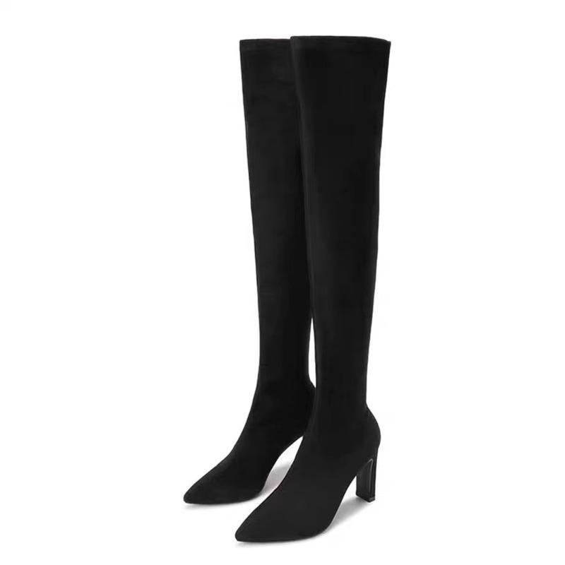 Skinny Boots Over Knee Boots WoAutumn Winter High Heel Pointed Elastic Boots Skinny Thick Heel Suede Tall Boots