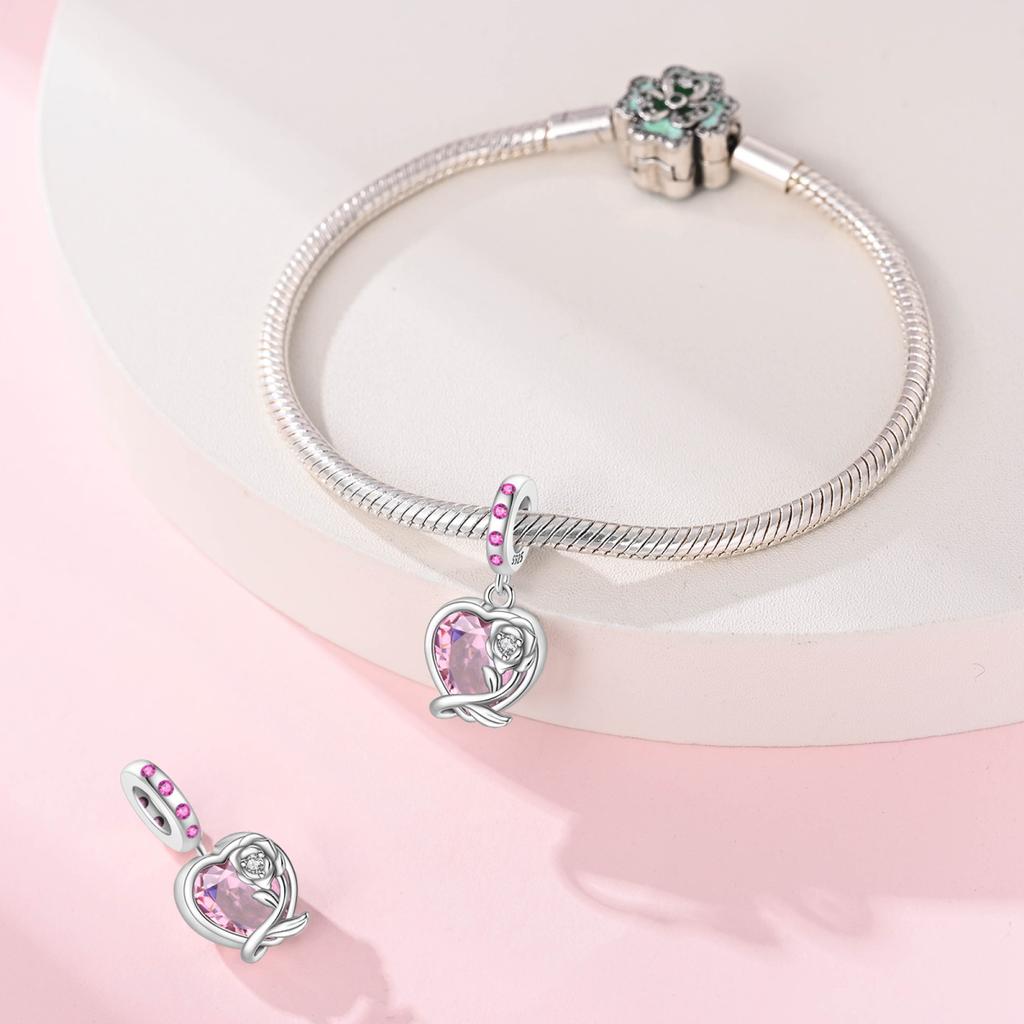 Charm Bead Charms Authentic copper Plated Pink Zircon Rose Pendant Bead Charms Compatible With Bracelets Diy Fine Gift Women Delicate Jewellery