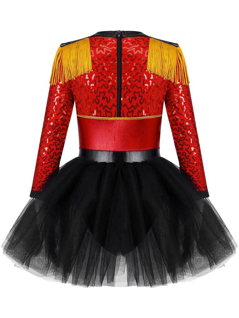 Girls Circus Tutu Leotard Dress Long Sleeve Sequin Tassel Shoulder Back Zipper Costume Set Hat Magic Wand
