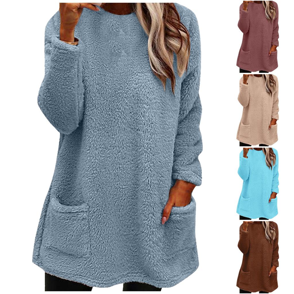 Women's Fashion Casual Long Sleeve Pocketed Round Neck Casual Warm Long Sleeve T-Shirt