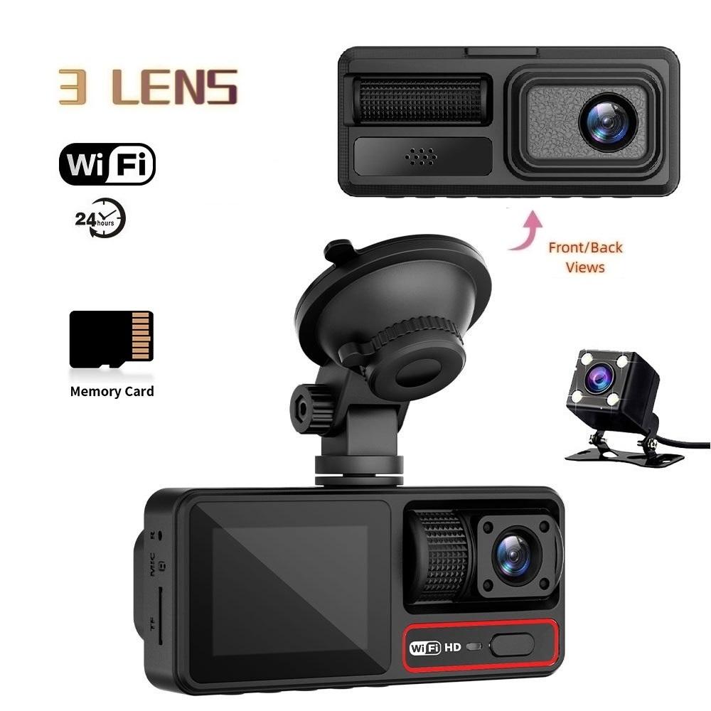 3-Lens Dash Cam, 3-Channel Recording, WiFi, HD, Phone Sync
