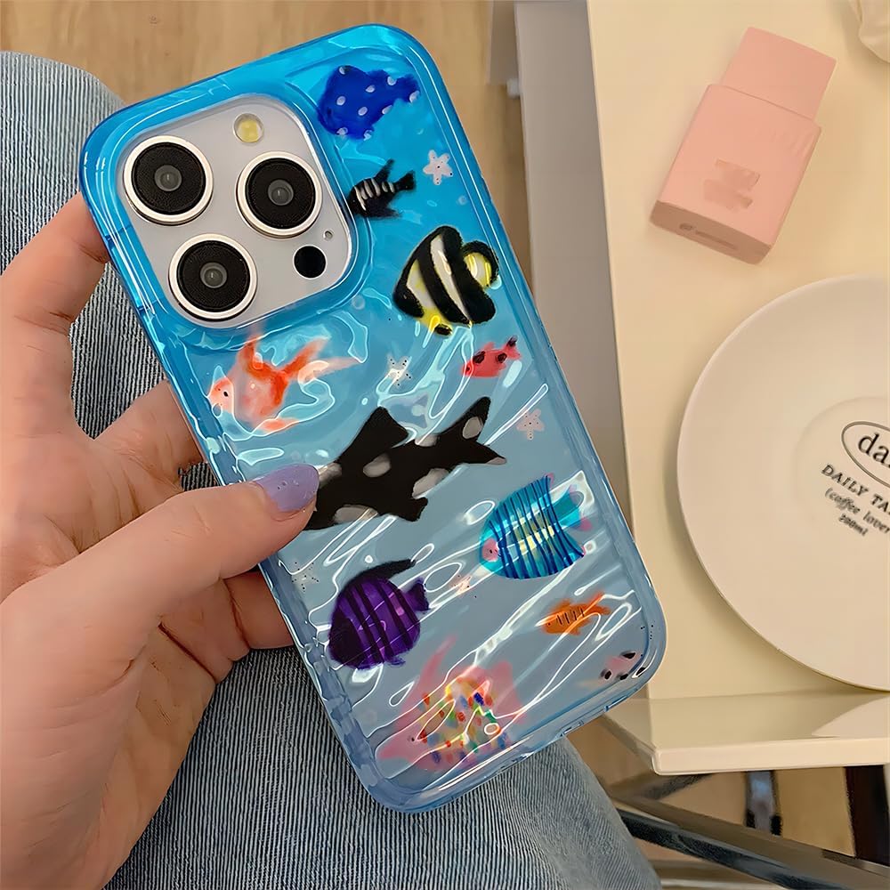 Compatible with iPhone Case,Cute Ocean Animals Aquaria Lovely Fishes Full Body Protection Soft Shockproof Cover Phone Case (Blue,iPhone 14 Plus)
