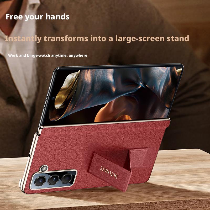 For Samsung Galaxy Z Fold SE Nappa Leather Case Finger Grip Strap Holder Auto-Rebound Hinge Camera Lens Protection Plated Cover