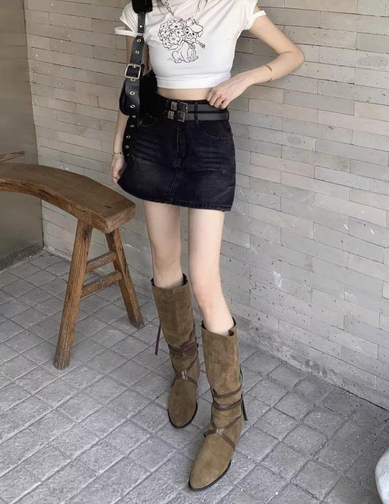 Spicy Girl High Waist Retro Slit Denim Skirt with Double Belt - Women's Summer A-line Mini Skirt