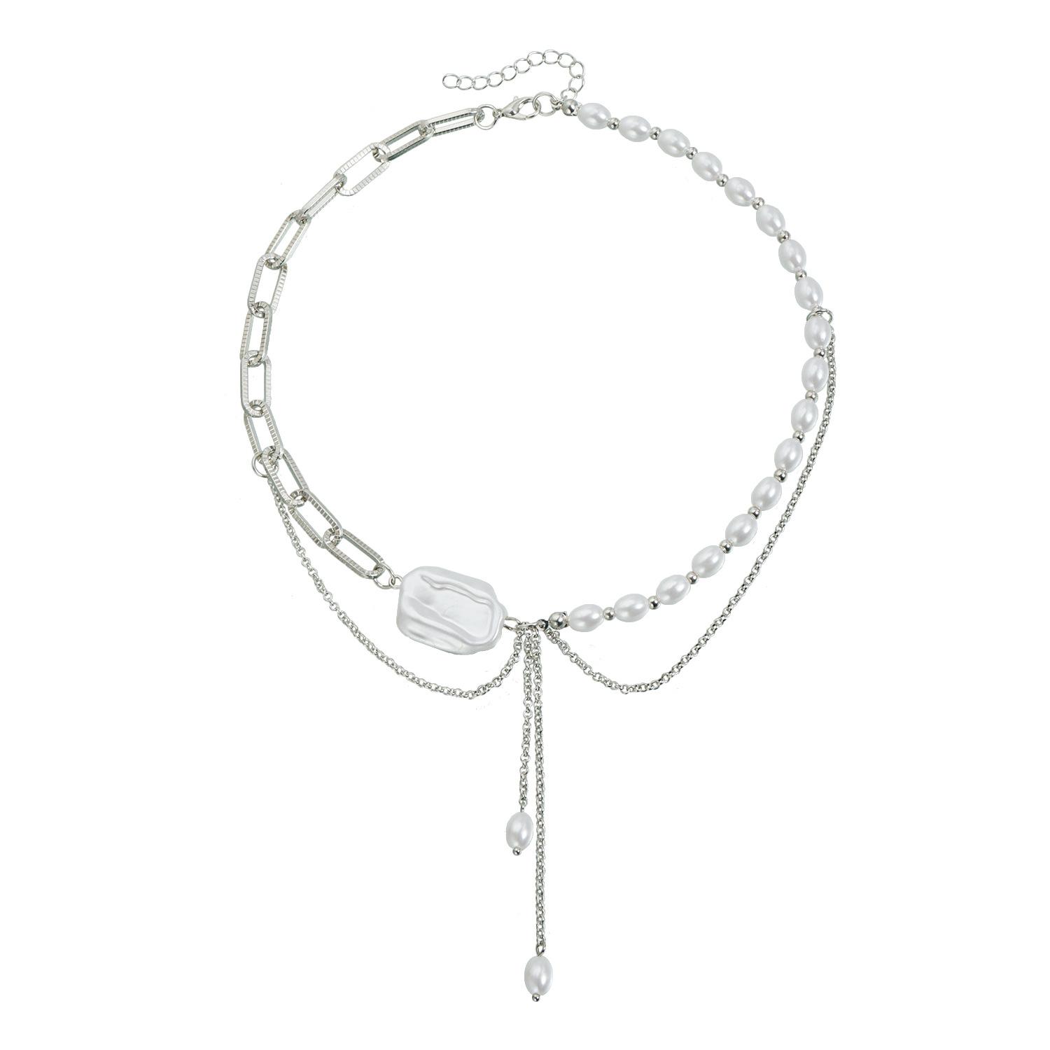 

European and American jewelry sexy fringed flat wind necklace fashion chain pearl splicing wind niche necklace