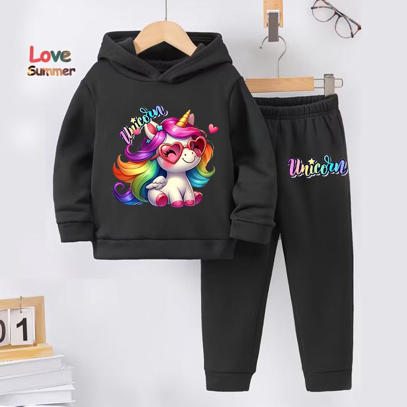 Girls Autumn/Winter 2Piece Set Cute Unicorn Print Hooded Sweatshirt Pants Warm Casual Stylish Active Play Perfect for Outdoor