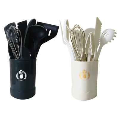 Set di pentole in silicone da 13 pezzi Utensili con manico in legno Spatola Cucchiaio da zuppa Secchio di stoccaggio Set di utensili da cucina antiaderenti resistenti alle alte temperature