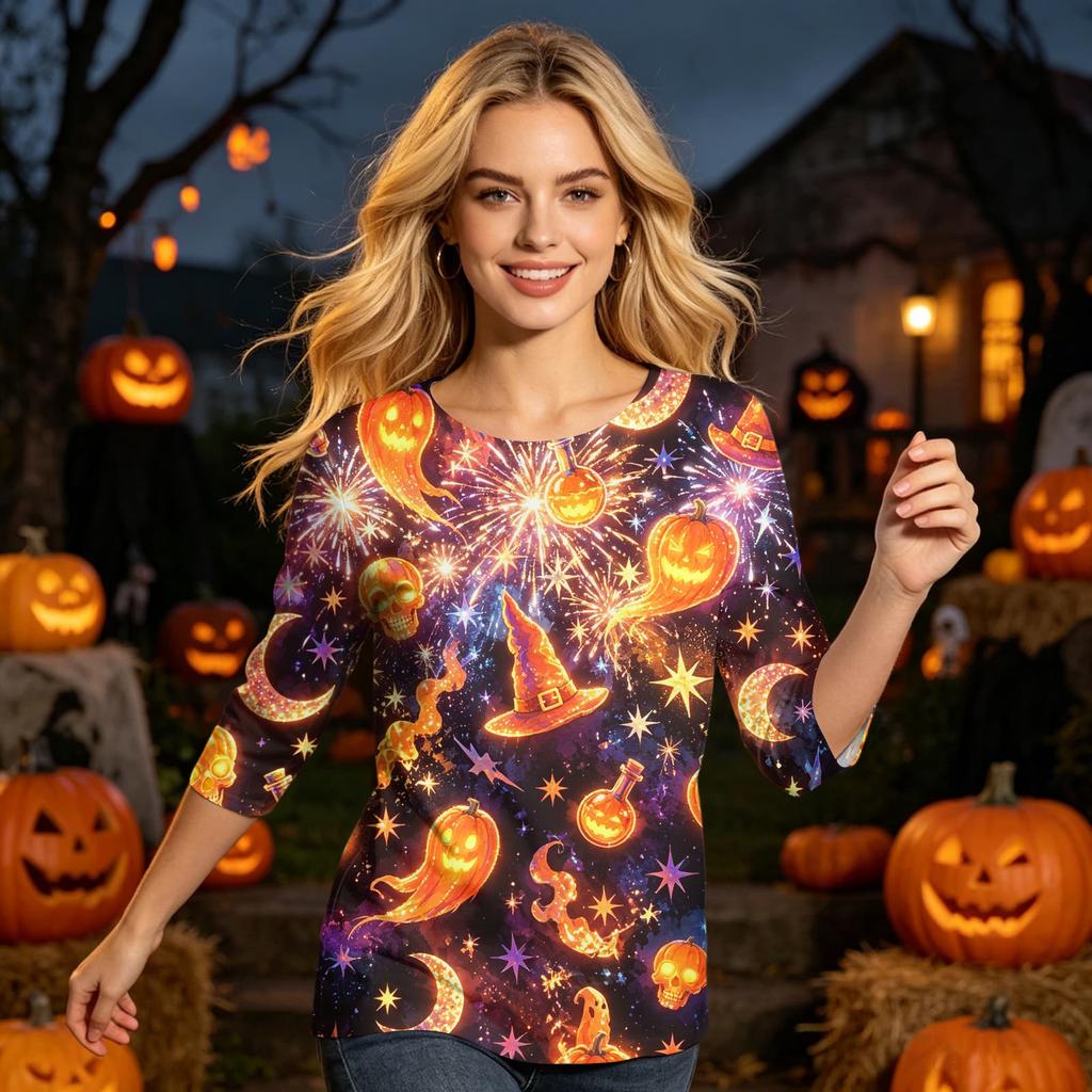 Women's Casual Halloween Print Three Quarter Sleeve Round Neck Top Lightweight Comfortable Fit for Everyday Wear