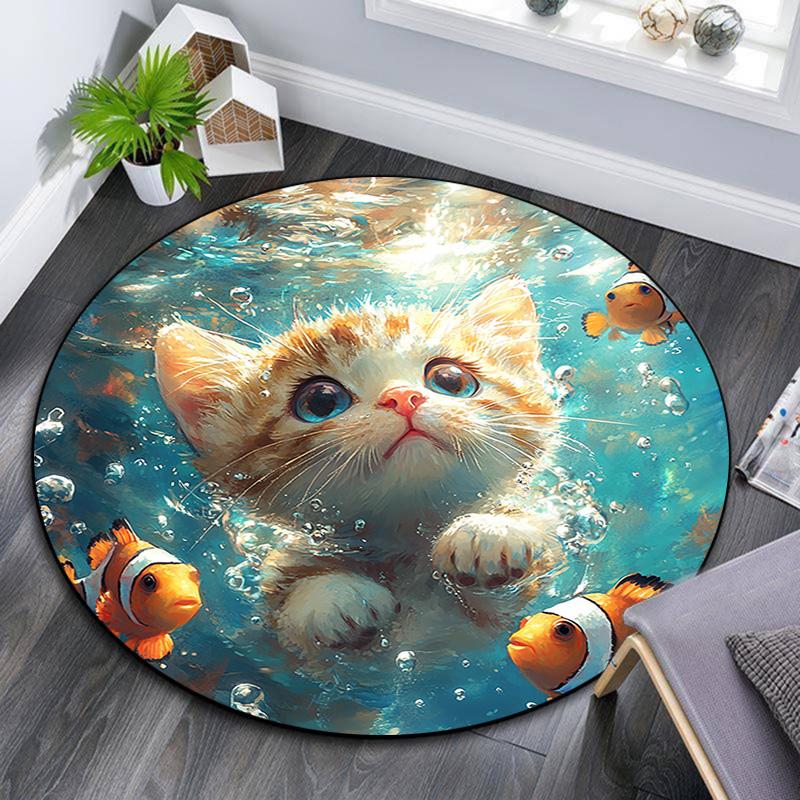 Kitten Clownfish Round Area Rug,Carpet Rug for Living Room Bedroom Sofa Playroom Decor,Non-slip Floor Mat