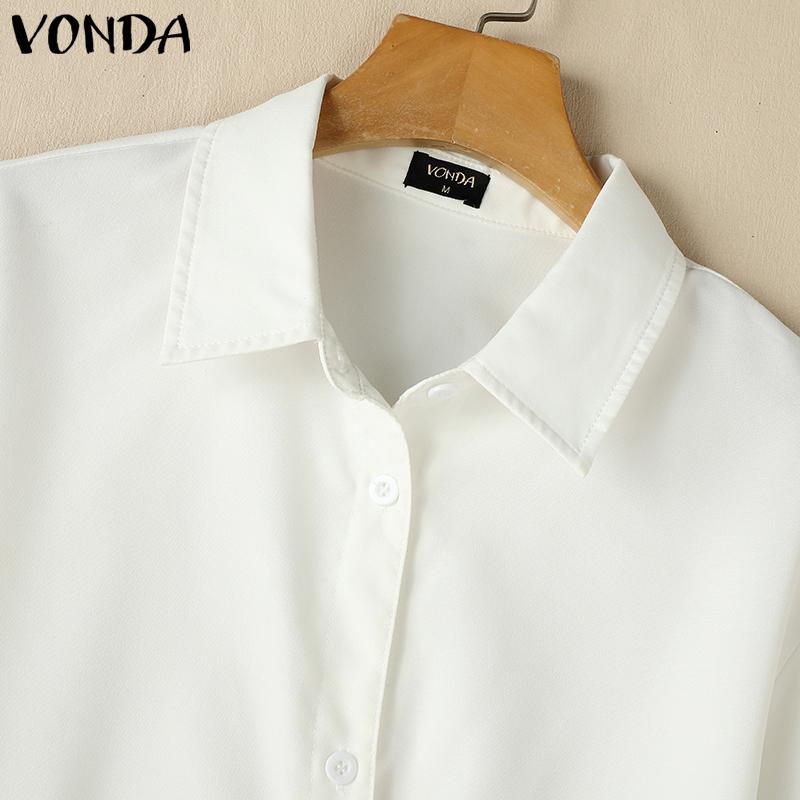 VONDA Women Lapel Neck Long Sleeve Irregular Buttons Belt Casual Loose Shirts
