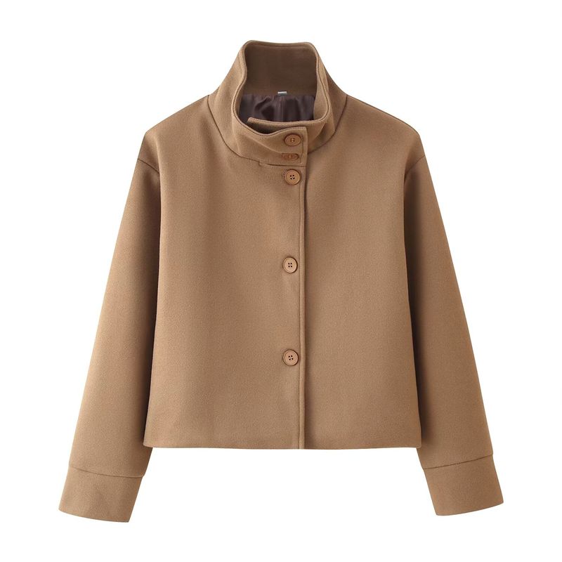 Kaslead New Women clothes Western Style Fashion Simple Stand Collar Breasted Short Loose Woolen Outerwear