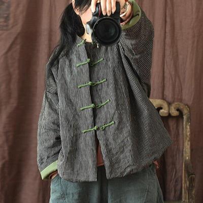 Women Striped Vintage Parkas Cotton Linen Stand Button Long Sleeve Coats Autumn Chinese Style Female Parkas