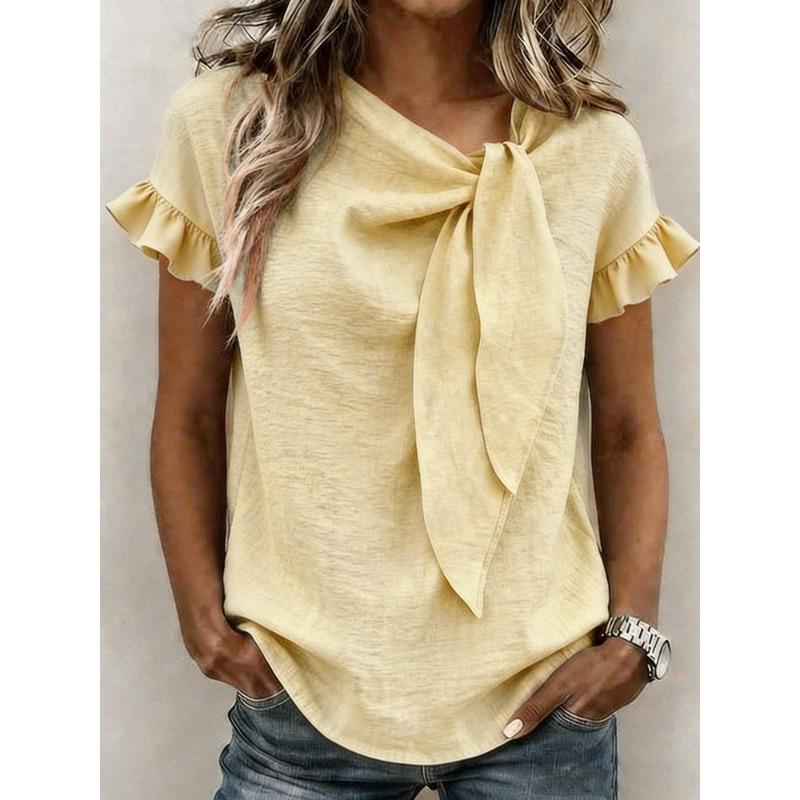 Damen Einfarbige Asymmetrischer Hals Fliege Rüsche Kurzarm Bluse