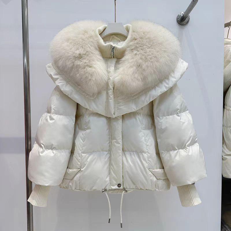 Winter new fox big fur collar down jacket women's short loose thickened white duck down fur jacket