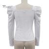 Women Spring Summer Tops Square Collar Puff Long Sleeve T-shirt Flower Decor Solid Color Slim Fit Tee Shirt Streetwear