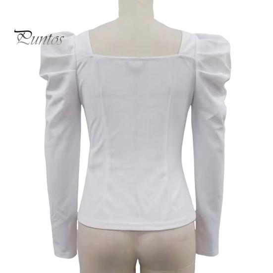 Women Spring Summer Tops Square Collar Puff Long Sleeve T-shirt Flower Decor Solid Color Slim Fit Tee Shirt Streetwear