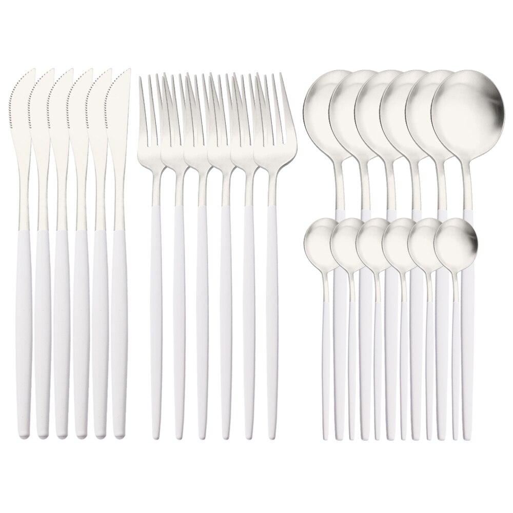 24 deler Matt Svart Gull Bestikksett Gaffel Skje Kniv Bestikksett Rustfritt stål Bestikk Komplett servisesett Kjøkken