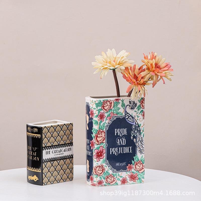 Vase Retro Book Shaped Vase Desktop Ornament for Home Decor Living Room Shelf Creative Ceramic Flower Vase Craft