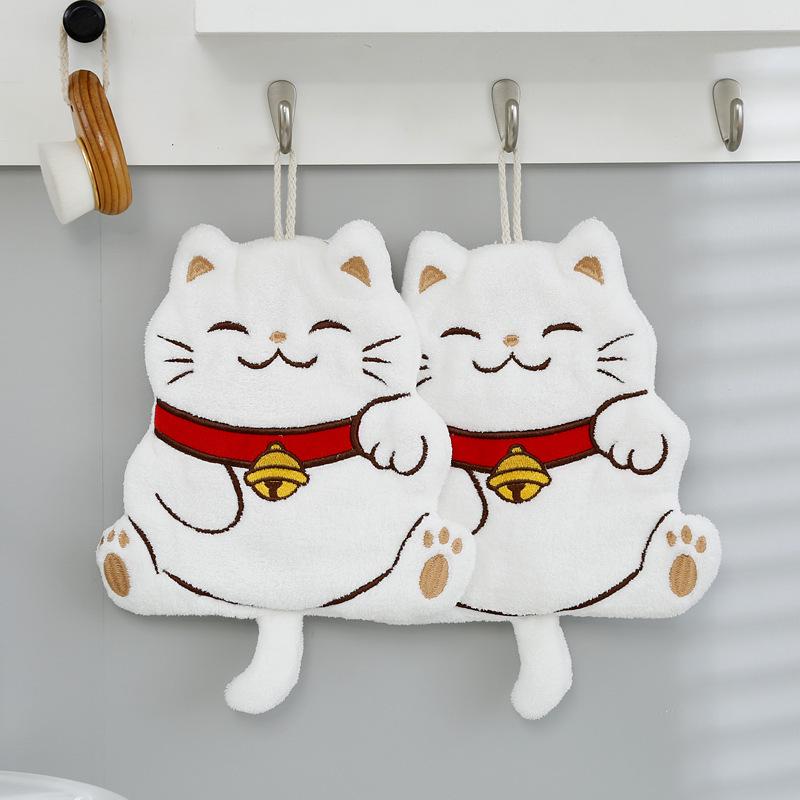 Coral fleece new lucky cat hand towel soft and absorbent cute embroidery can hang rag quick dry hand towel