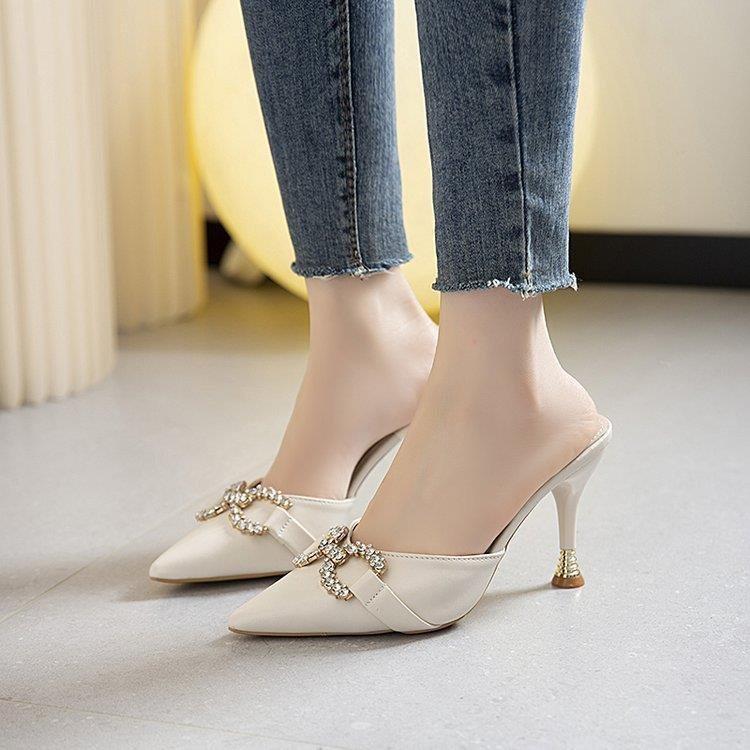 Cool Slippers Women'S Small Size Fashion Rhinestone High Heels Thin Versatile Pointed French Muller Half Slippers Women'S Bag Head