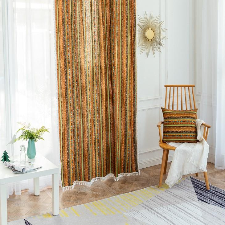 Tassel Striped Curtains Semi-Blackout Cotton And Linen Printed Fabrics Finished Bedroom Living Room Kitchen Partition Bed And Breakfast