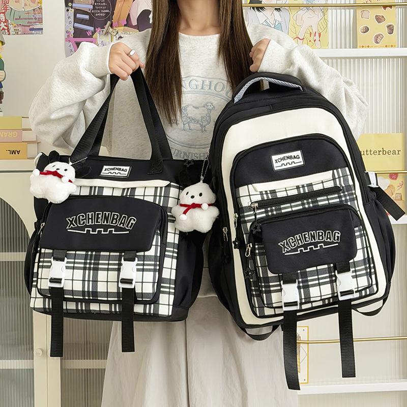Schoolbag High Value Contrasting Color Plaid Schoolbag Junior High School Student Large Capacity Computer High School Student Backpack Campus