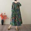 New Spring and Summer Retro Cotton and Linen Round-neck Floral Pocket Long-sleeved Dress for Women, Loose and Slimming A-line Dress