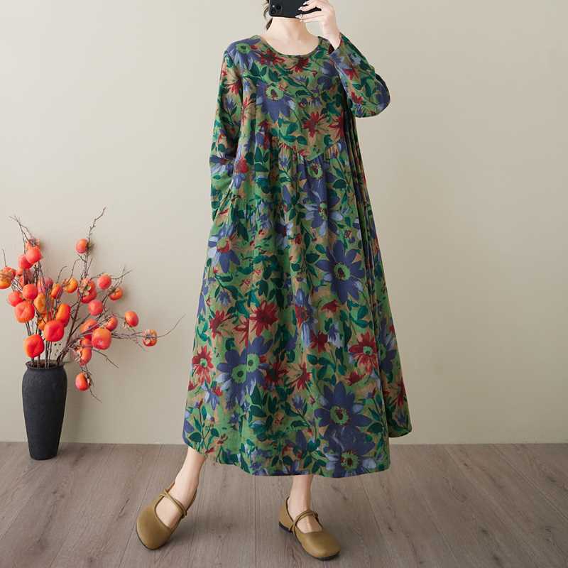 New Spring and Summer Retro Cotton and Linen Round-neck Floral Pocket Long-sleeved Dress for Women, Loose and Slimming A-line Dress