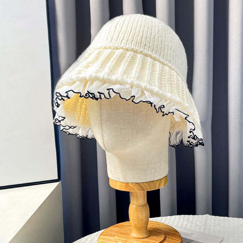 1PC Fashion Bucket Hat Keep Warm Knitted Lace Windproof Coldproof Big Brim Hat Ear Protection