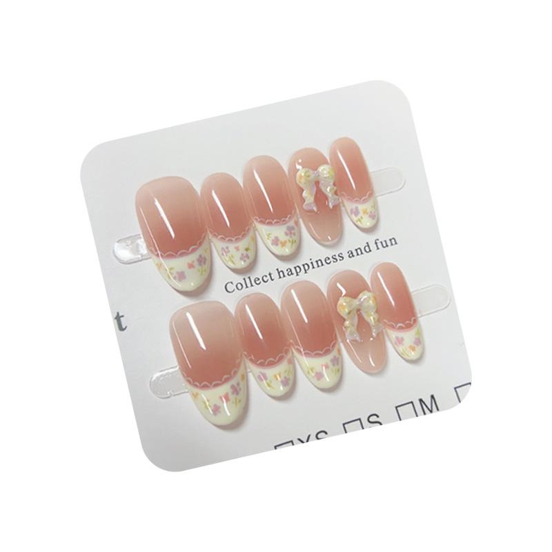 Hand-Painted Lolita Floral Dress with Lace Trim & French Blush Press-On Nails