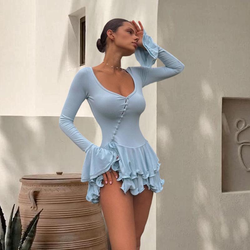 European & American Bell Sleeve Waist-Cinching Short Skirt Dress - Sexy Autumn/Winter Style for Women