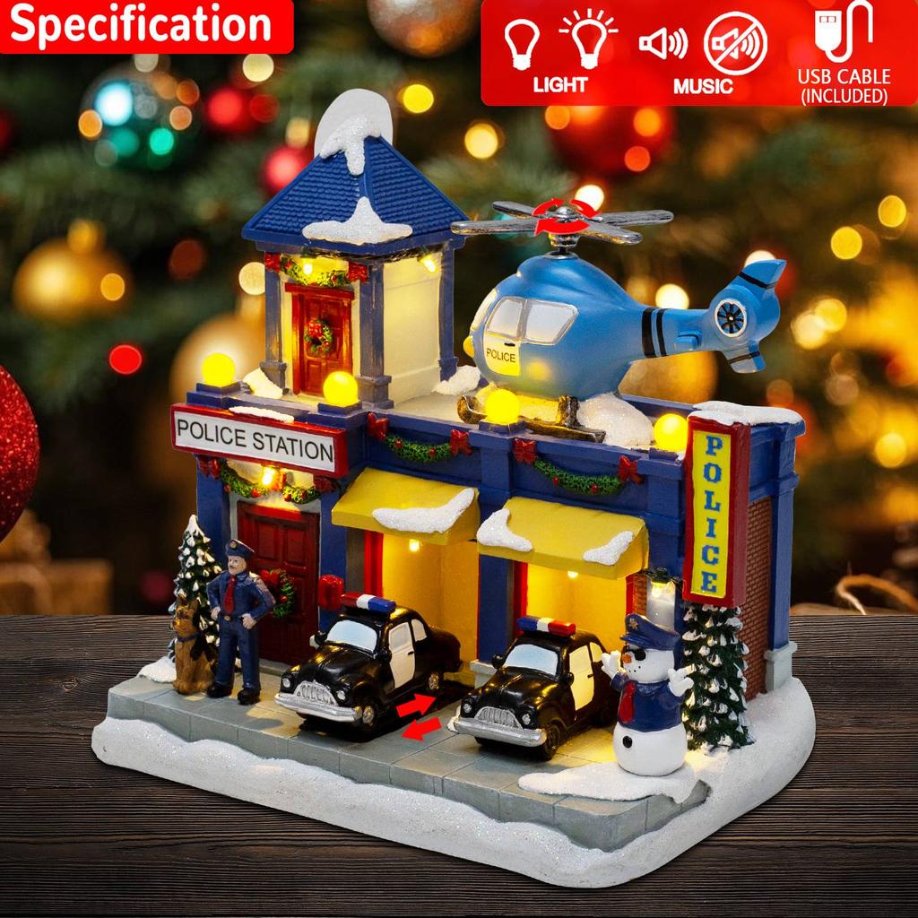 Animated Christmas Village Police Station Lighted Musical with Moving Car & Rotating Helicopter Collectible Building for Holiday
