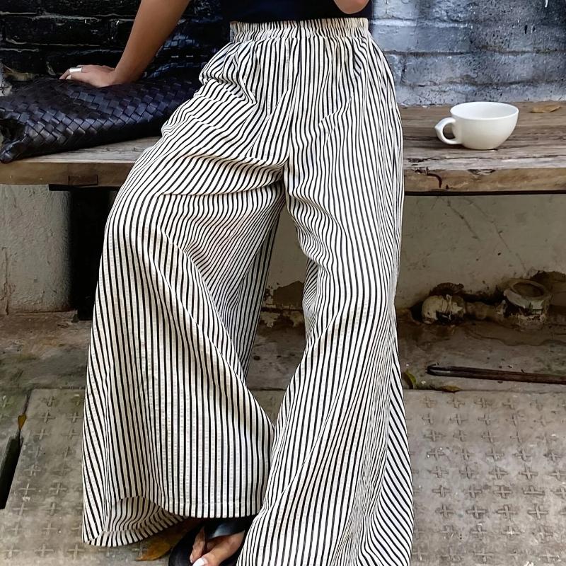 Plus Size Europe and The United States Cross-border Spring and Summer Striped Pocket Elasticated Waist Wide-leg