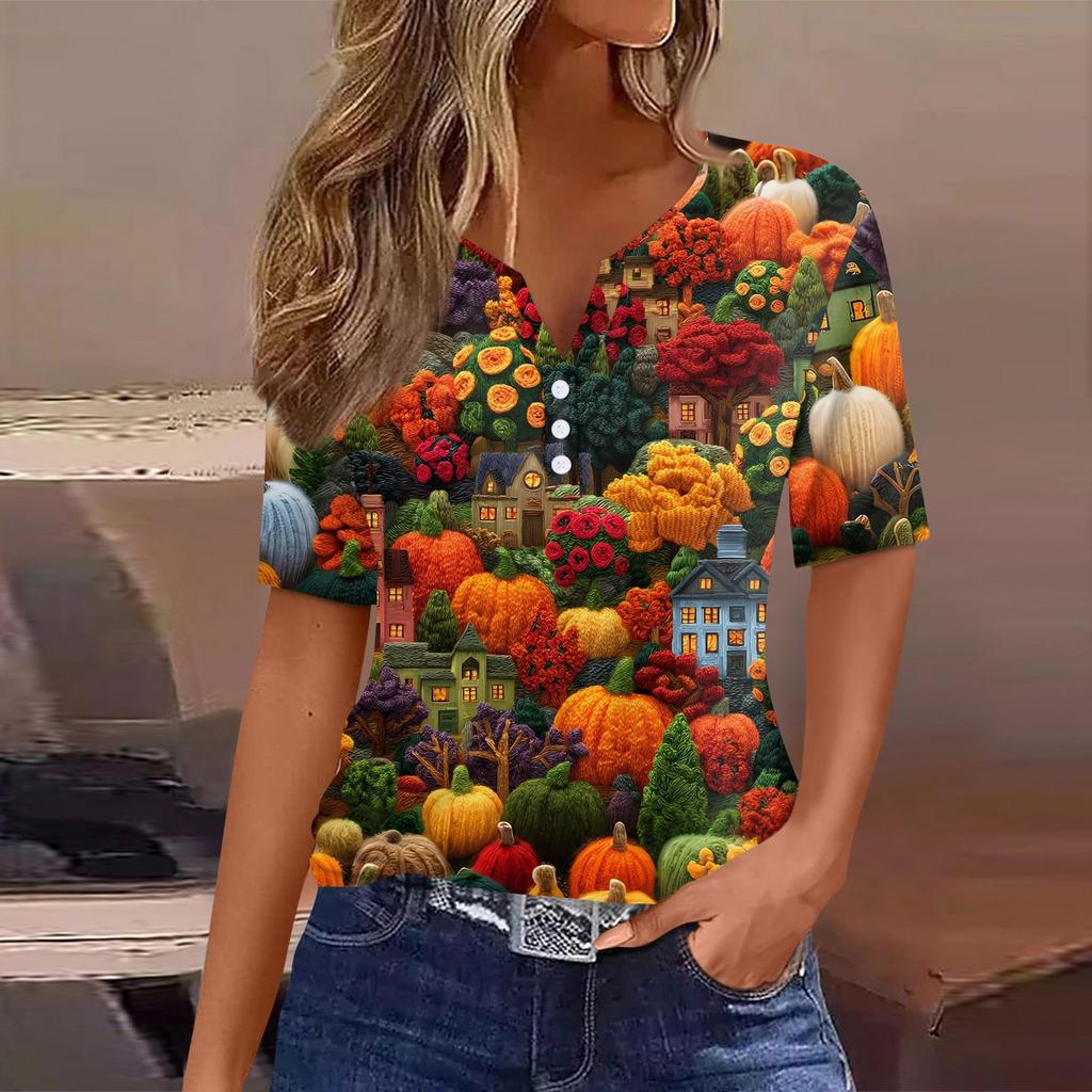 Women's T Shirt Halloween Print Button Short Sleeve Daily Weekend Fashion Basic V- Neck Regular Top
